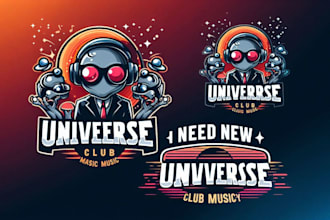 create drawing universe club music mascot logo  with text with any file