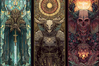 make custom stained glass, digital illustration, tarot card, dark art, tarot