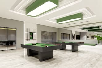 modern 3d snooker interior,billiard rendering, clubhouse game room,cgi pool hall