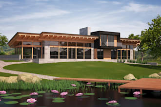 renovate modern wooden lakeside house,3d landscape design,realistic render,revit