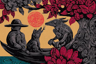 draw detailed dark art with woodcut or linocut style