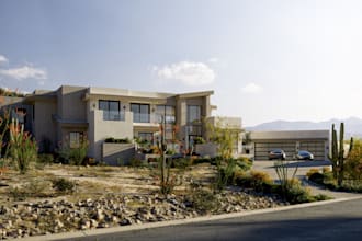 revamp 3d modern desert house, exterior elevation, estate home, garden landscape
