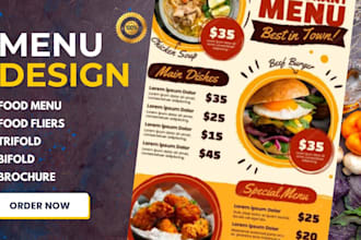 design food menu flyer, postcard, ebook, product catalog, marketing in canva