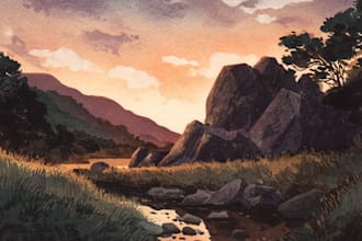 paint a watercolor and gouache landscape illustration