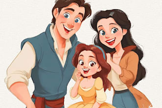 draw disney style cartoon portrait, couple, pet, family for gift