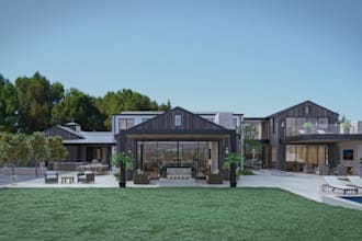 color your building, modern villa layout,3d cad exterior garden landscape design