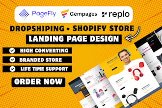 design shopify landing page, shopify dropshipping store with pagefly, gympages