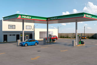 visualize 3d petroleum station,gas station,gasoline render,exterior layout,tank
