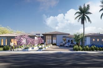 restyle 3d residential apartment,exterior elevation, garden landscape,pool patio