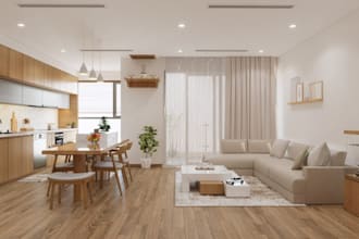 do interior design, modern scandinavian living room, bedroom kitchen rendering