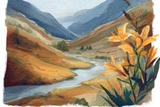 paint a watercolor and gouache landscape illustration