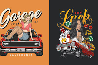 design vintage t shirt lady classic car garage logo