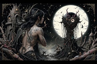 create dark fantasy art illustration for albums cover, merch, tattoo