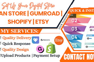 digital store setup stan, payhip, etsy, gumroad, and shopify