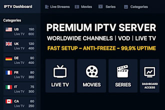 create premium iptv server restream, worldwide channels, vod, live tv