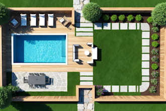 do backyard landscape design, pool, deck, lawn, garden and patio landscape