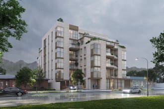beatify 3d residential development, building exterior rendering, road apartment