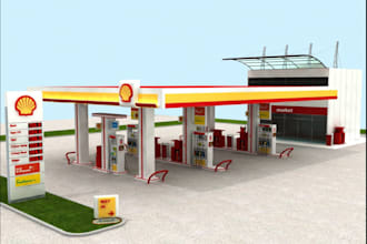 redesign cgi fuel station design,filling station, minimart,3d gas station render