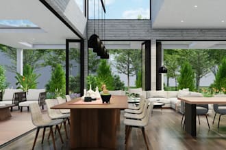 redesign house interior,concrete flooring, furniture shelves,cover diner terrace
