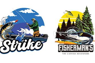 design vintage fisherman boat and vector illustration of catfish logo