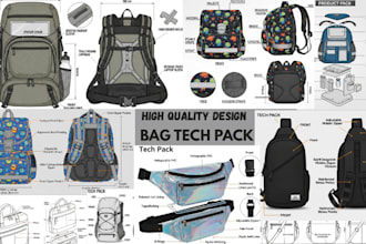do bag sketch, bag tech pack, duffle flat sketch, tote bag for manufacturing