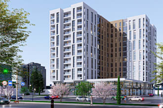 furnish 3d apartment building,highrise building, exterior rendering, revit model