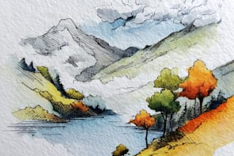 hand draw landscape sketch watercolor and ink