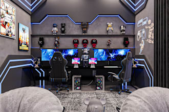 do 3d realistic dorm room studio, 3d game room studio, design, 3d streaming room