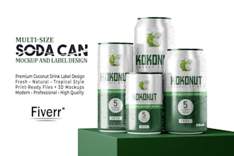 design unique energy drink, soda can, coconut water label and 3d mockup