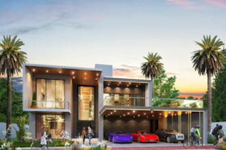 redesign villa exterior,interior furniture layout,hyper realistic, car park, cgi
