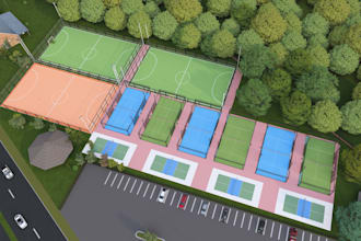 do 3d rendering of sports complexes, pickleball courts, paddle ball, and gyms
