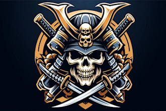 design skull samurai logo with epic t shirt illustration
