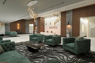 renew hotel interior,reception furniture setup, concrete flooring,wall lightning
