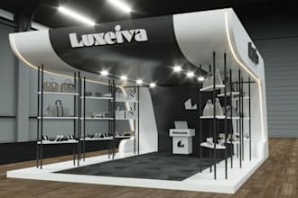 visualize 3d exhibition stand, trade booth, retail display, luxury items render