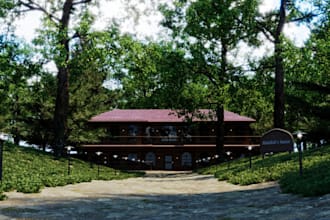 retreat wooden forest villa,pathway design, tiled roof,elegant building facade