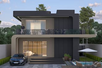 rebuild 3d compound design, front patio, pool shed, interior rendering,landscape