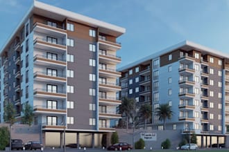 design contemporary apartment building,estate design,realistic render, landscape