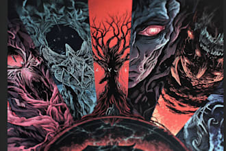 create dark fantasy art illustration for albums cover, merch