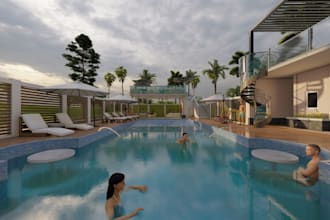 design poolside deck, resort, outdoor space, landscape rendering,layout plan,cgi