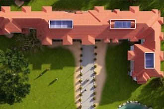 redesign garage, modern bungalow, patio string light,greenery landscape,driveway