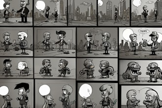 draw a 4 panel cartoon comic strip for book website lettering character design