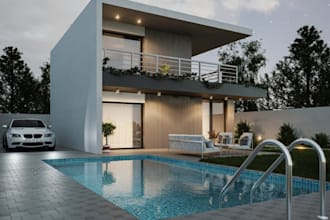 render 3d minimalist villa,private outdoor design,front balcony,house exterior