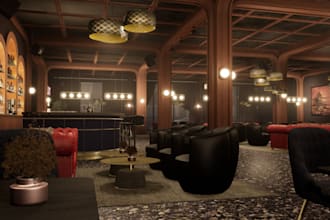 model velvet bar, stylish lounge,3d lighten,club interior,sport bar,3d rendering
