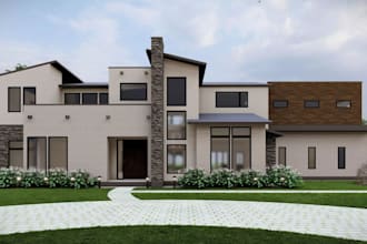 redesign ranch style house,3d exterior, sauna interior, realistic render, garden