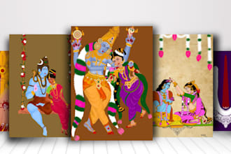 create indian traditional digital art of deities, wedding couples
