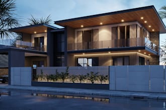 render3d house elevation,exterior lighting,villa facade,private fence,gatedesign