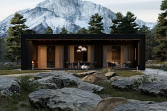 design 3d modular cabin,mountain retreat,tiny home rendering,cgi vacation lounge