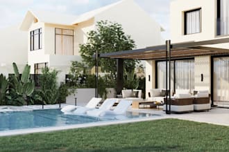 design 3d paradise hill luxury villa,balcony exterior,landscape garden rendering