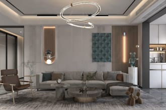 do house interior design, kitchen, dining room, with realistic 3d visualization