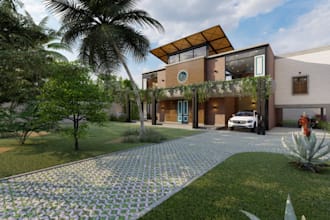 redesign contemporary house, landscaped garden, render driveway,cgi front facade
